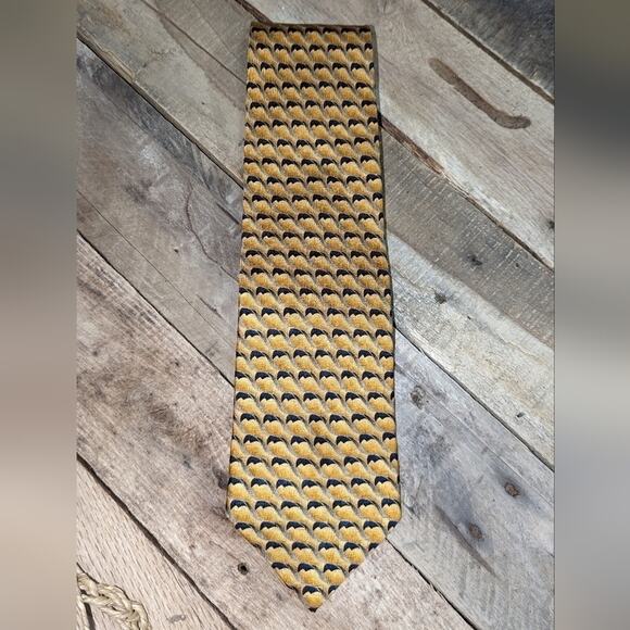 100% Silk Handmade in the U.S.A Tie Wave Pattern Mustard Yellow, Navy, Grey - Picture 1 of 5